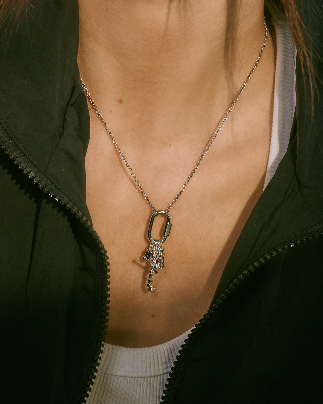 The MLB Logo Charm Carabiner Necklace- Silver