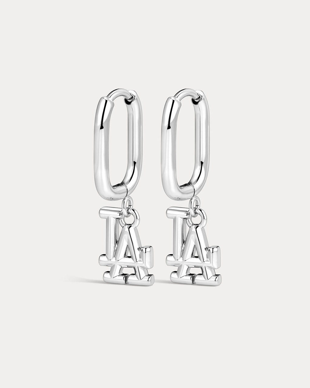 The MLB Logo Charm Oval Hoop Earrings- Silver