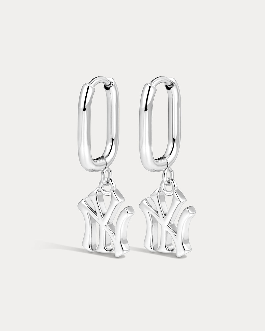 The MLB Logo Charm Oval Hoop Earrings- Silver